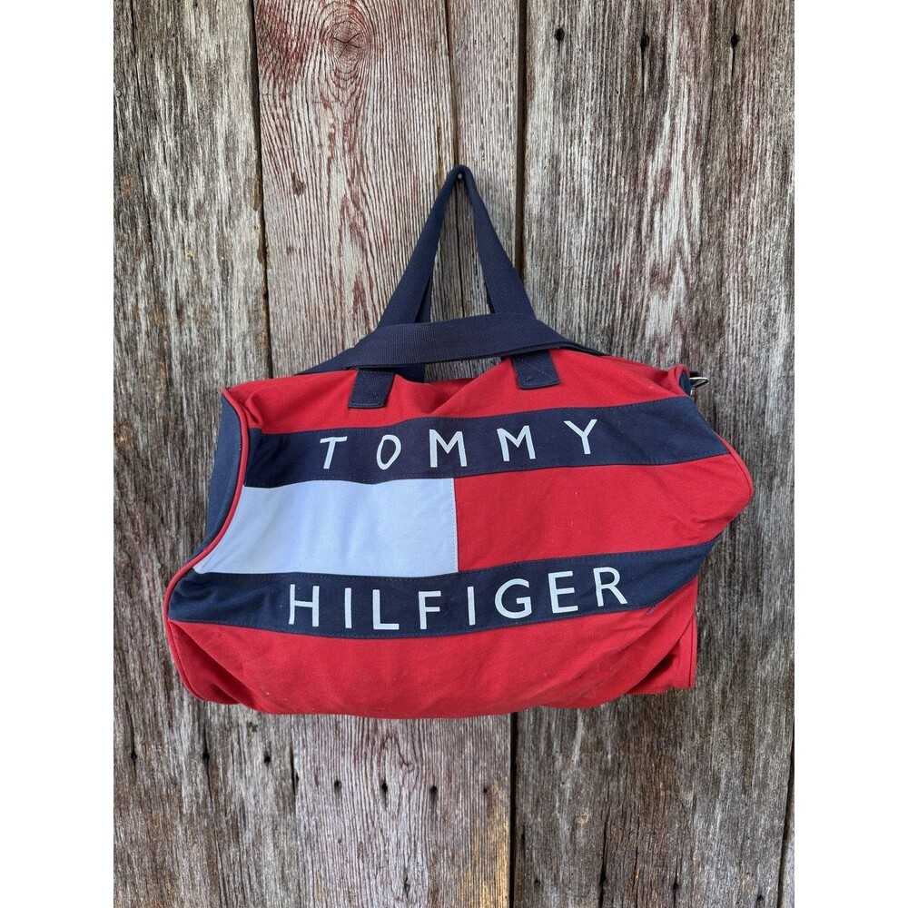 VTG Tommy Hilfiger Red Flag Logo Duffel Bag Spell Out Y2k Okd Money Prep